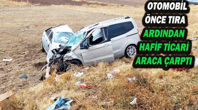 Otomobil Önce Tıra Ardından Hafif Ticari Araca Çarptı, 3 Kişi Yaralandı
