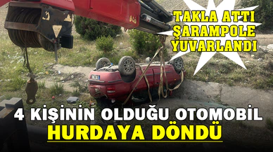 Takla atıp hurdaya dönen otomobilde 4 kişi yaralandı