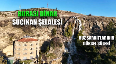 Buz sarkıtları arasından akan şelale görsel güzellik oluşturdu
